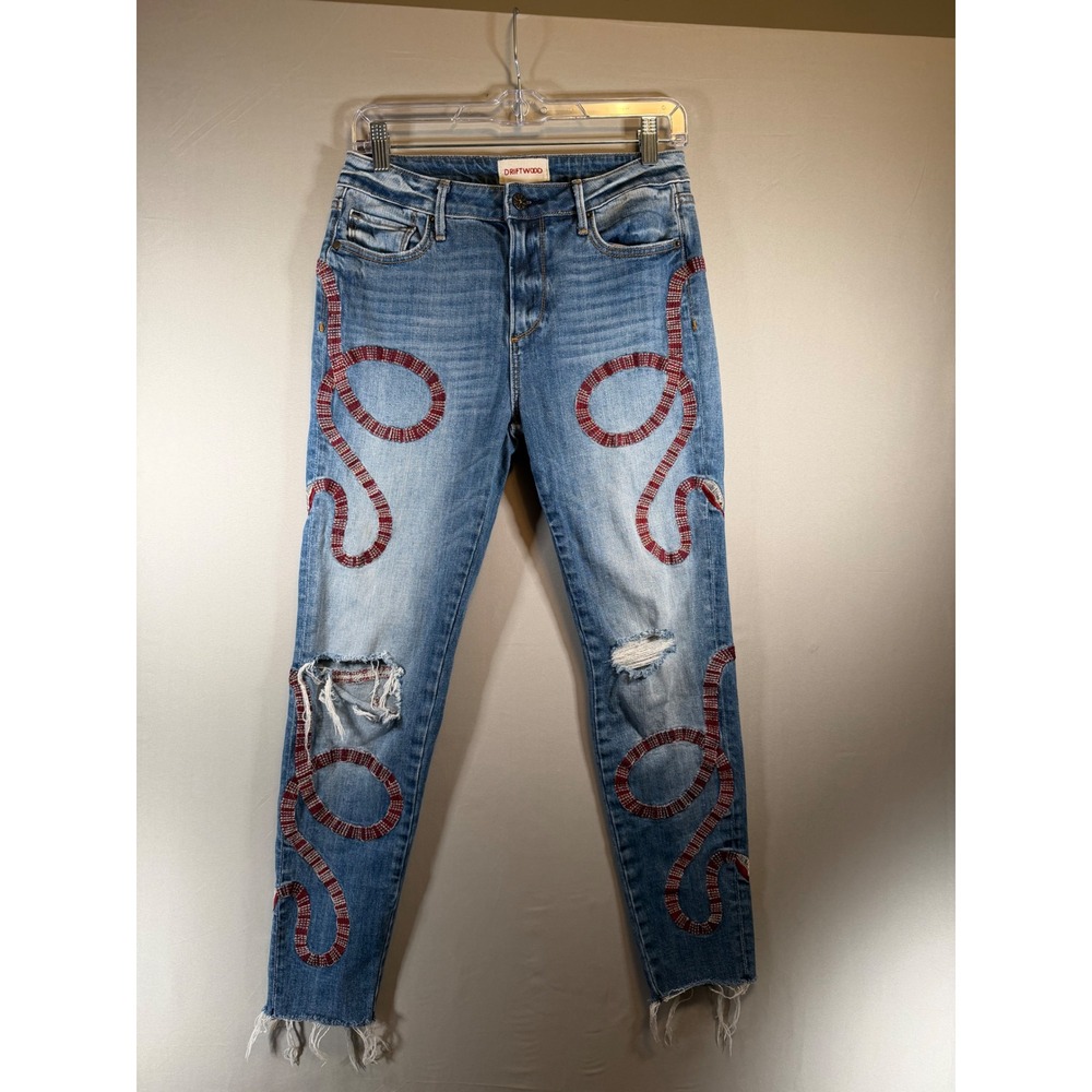 Driftwood Joyce Snake Embroidered Distressed Skinny Jeans Blue Size 25 W25 L27